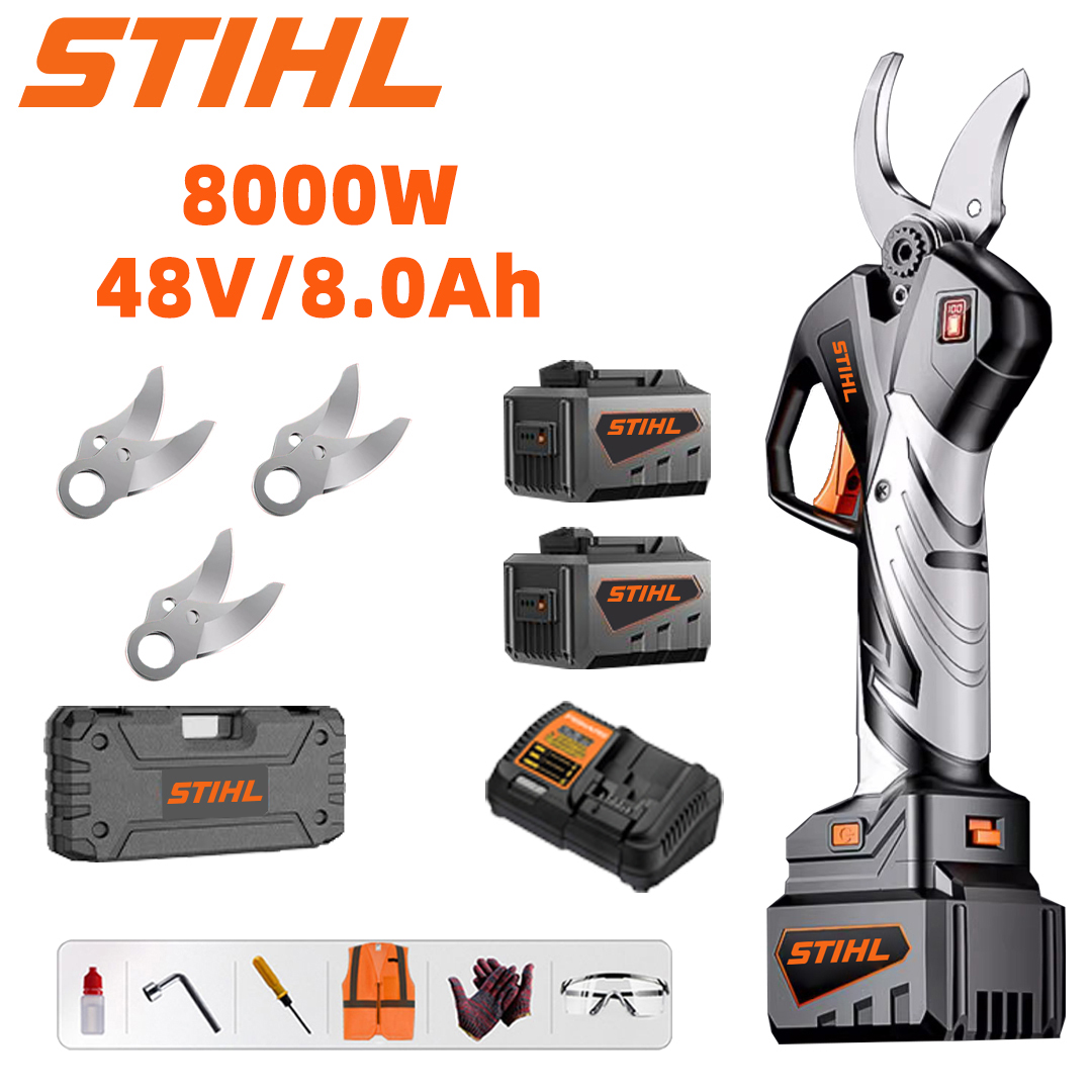 Pantalla LED de potencia (16 horas de duración de la batería) Tijeras de podar de batería de litio con motor sin escobillas de 8000 W + baterías de 48 V 8,0 Ah * 2 + cargador + cuchillas de aleación SK9 * 3 + tiras de escarcha * 1 + caja de herramientas + aceite lubricante + gafas, garantía de 10 años