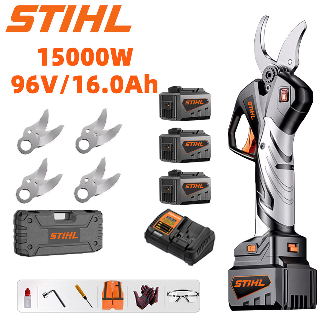 Pantalla LED de potencia (48 horas de duración de la batería) Tijeras de podar de batería de litio con motor sin escobillas de 15000 W + 3 baterías de 96 V 16,0 Ah + cargador + 4 cuchillas de aleación SK9 + 1 tira de escarcha + caja de herramientas + aceite lubricante + gafas protectoras, 10 años de garantía