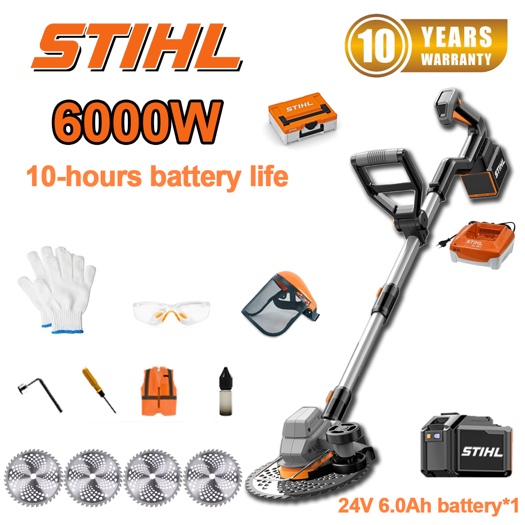 (10 horas de duración de la batería) Cortadora de césped sin escobillas de 6000 W*1 + Batería de 24 V 6,0 Ah*1 + Cargador*1 + Hojas de sierra circular*4 + Guantes*1 + Gafas protectoras*1 + Casco*1 + Destornillador*1 + Tornillos de ángulo recto*1 + Ropa protectora*1 + Aceite lubricante*1 + Caja de herramientas*1