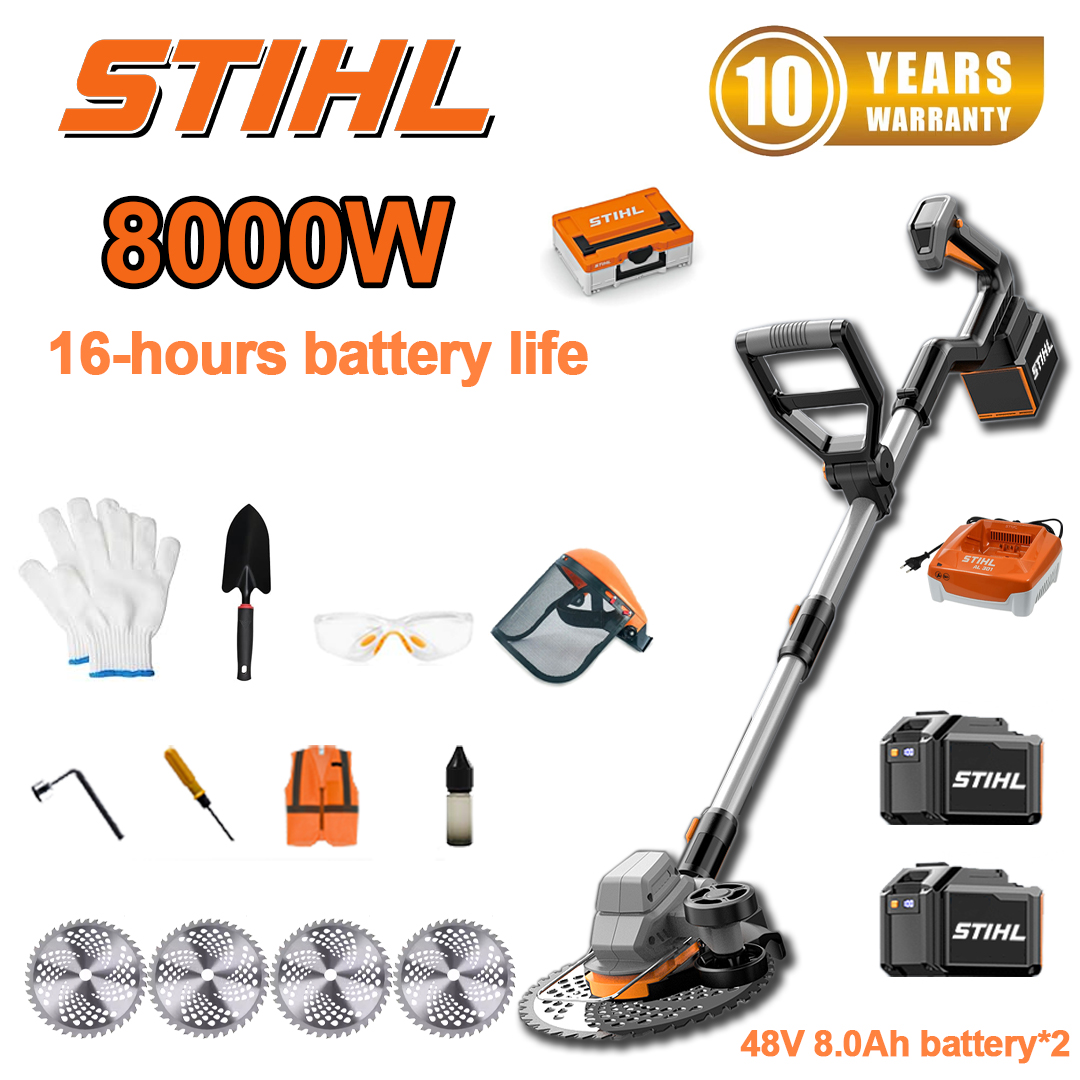 (16 horas de duración de la batería) Cortadora de césped sin escobillas de 8000 W*1 + Batería de 48 V 8,0 Ah*2 + Cargador*1 + Hojas de sierra circular*4 + Pala*1 + Guantes*1 + Gafas protectoras*1 + Casco*1 + Destornillador*1 + Tornillos de ángulo recto*1 + Ropa protectora*1 + Aceite lubricante*1 + Caja de herramientas*1