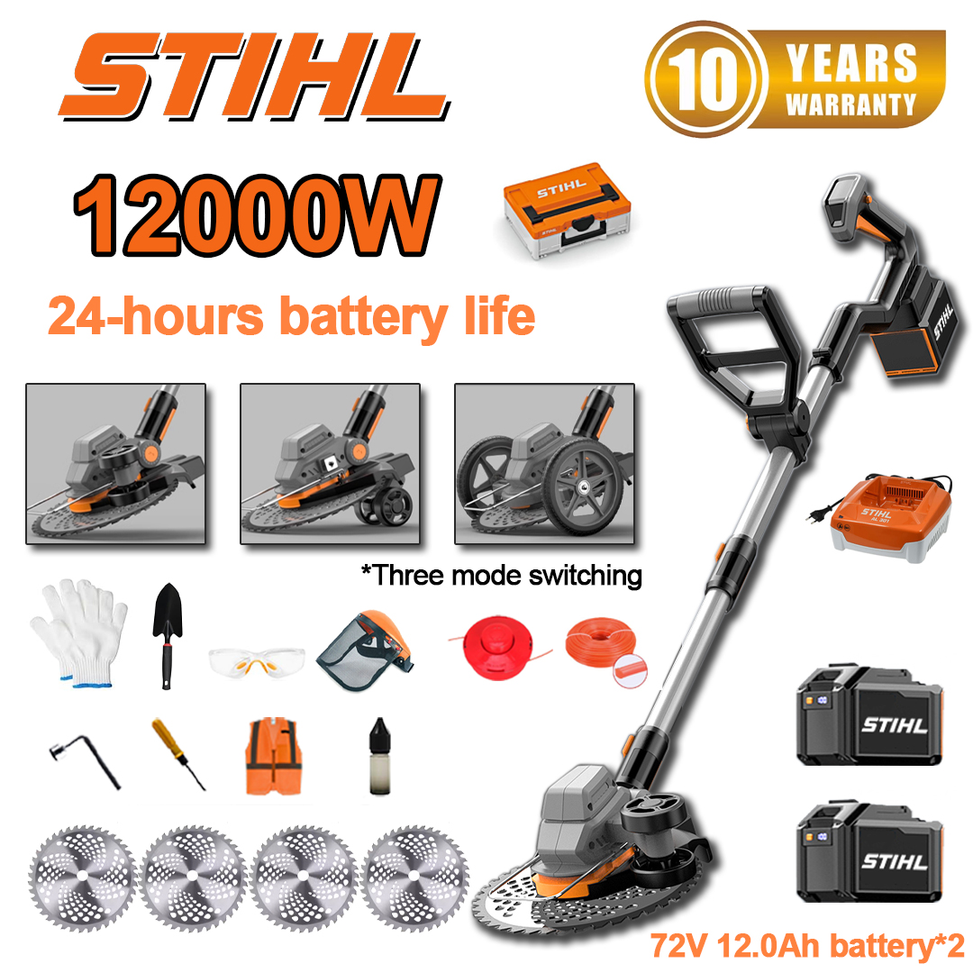 (24 horas de duración de la batería) Cortadora de césped sin escobillas de 12000 W*1 + Batería de 72 V 12,0 Ah*2 + Cargador*1 + Rueda lateral*1 + Rueda de entrenamiento*1 + Hoja de sierra circular*4 + Cable de corte*1 + Disco de corte*1 + Pala*1 + Guantes*1 + Gafas protectoras*1 + Casco*1 + Destornillador*1 + Tornillo de ángulo recto*1 + Ropa protectora*1 + Aceite lubricante*1 + Caja de herramientas*1