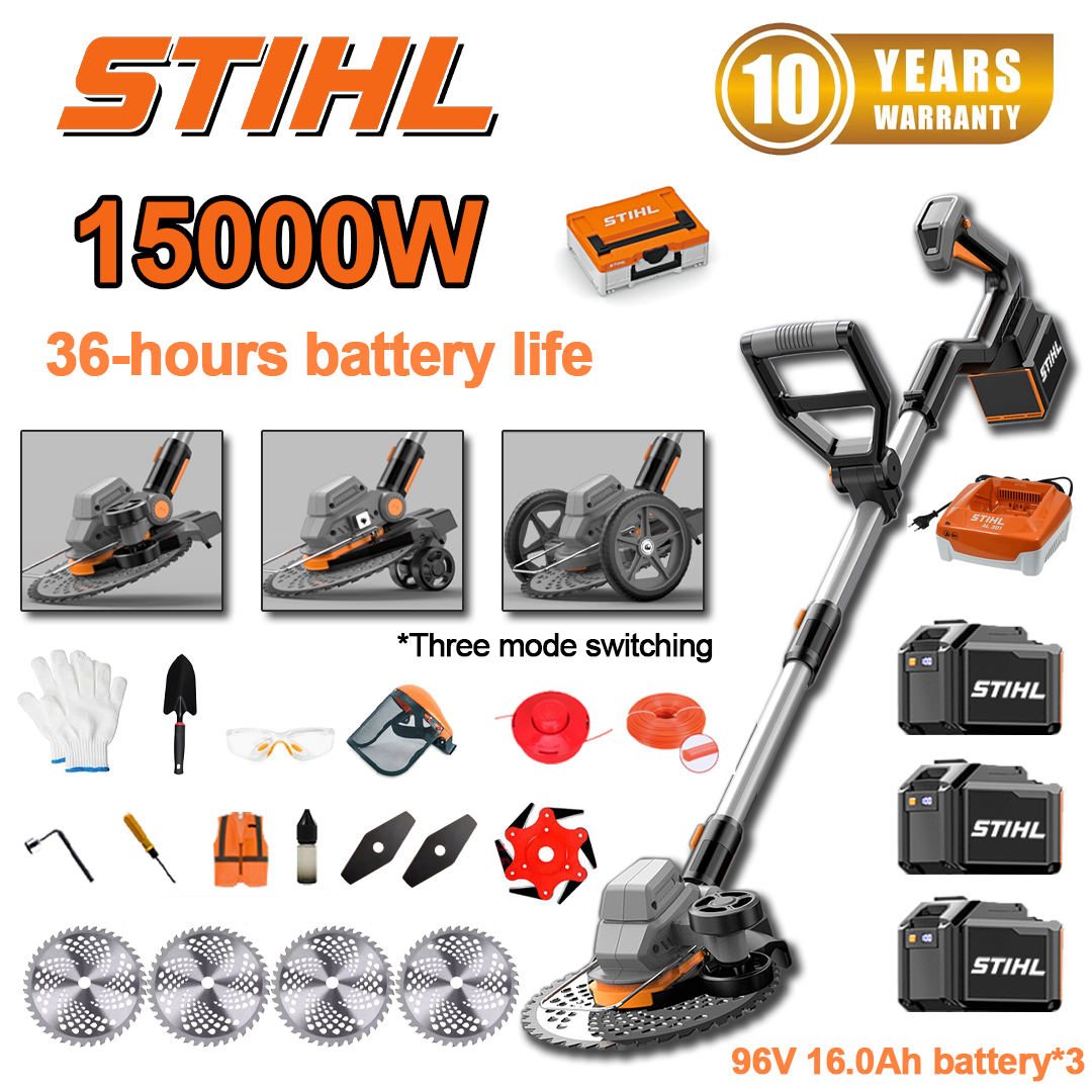 (36 horas de duración de la batería) Cortadora de césped sin escobillas de 15000 W*1 + Batería de 96 V 16,0 Ah*3 + Cargador*1 + Rueda lateral*1 + Rueda de entrenamiento*1 + Cabezal de labranza*1 + Hoja de sierra circular*4 + Hoja recta*2 + Hoja de sierra de aleación*1 + Cable de corte*1 + Disco de corte*1 + Pala*1 + Guantes*1 + Gafas protectoras*1 + Casco*1 + Destornillador*1 + Tornillo de ángulo recto*1 + Ropa protectora*1 + Aceite lubricante*1 + Caja de herramientas*1