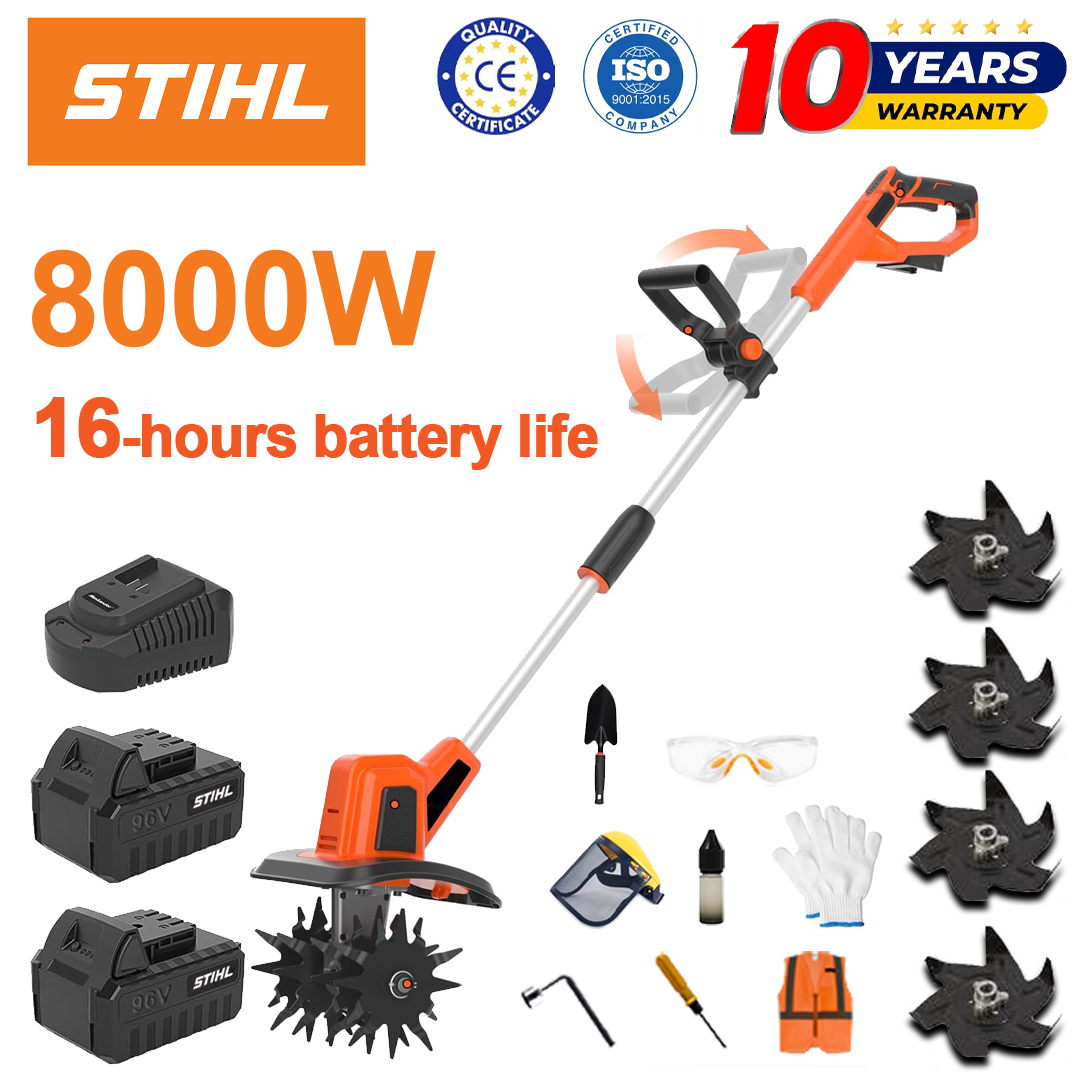 (Duración de la batería 16 horas) Arado de 8000W + batería de litio de 96V * 2 + cargador rápido * 1 + pala * 1 + hoja de arado * 4 + varios accesorios