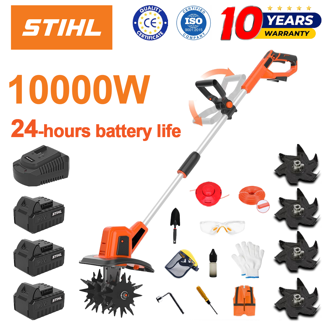 (Duración de la batería 24 horas) Arado de 10000W + batería de litio de 96V * 3 + cargador rápido * 1 + pala * 1 + cuchilla de labranza * 4 + disco de corte * 1 + cuerda de corte * 1 + varios accesorios