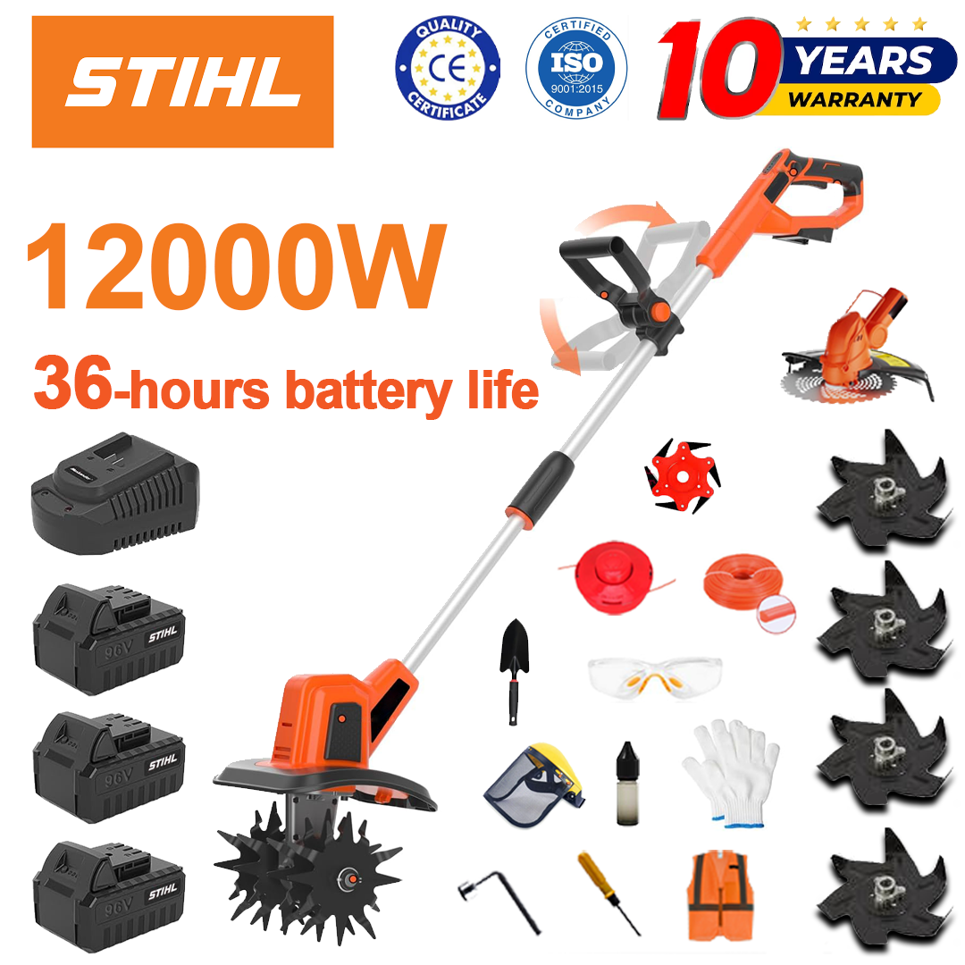 (Duración de la batería 36 horas) Arado de 12000 W + batería de litio de 96 V * 3 + cabezal de corte * 1 + cargador rápido * 1 + pala * 1 + hoja recta * 2 + hoja de arado * 4 + hoja de sierra de aleación * 1 + hoja de corte * 1 + cuerda de corte * 1 + varios accesorios