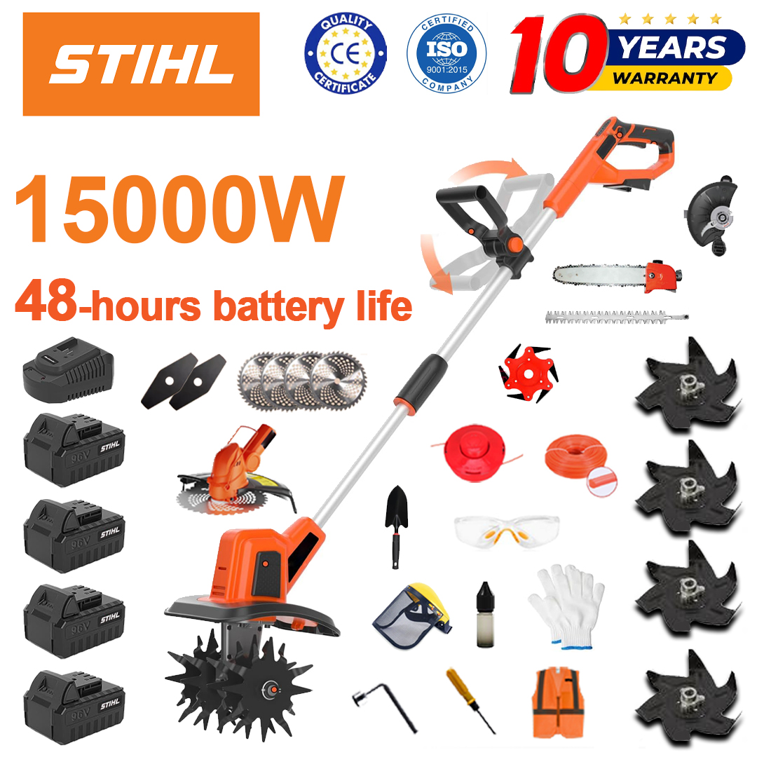 (Duración de la batería 48 horas) Arado de 15000 W + batería de litio de 96 V * 4 + cabezal de corte * 1 + sierra * 1 + cabezal cortasetos * 1 + cargador rápido * 1 + pala * 1 + hoja recta * 2 + hoja de arado * 4 + hoja de sierra de aleación * 1 + hoja de corte * 1 + cuerda de corte * 1 + varios accesorios