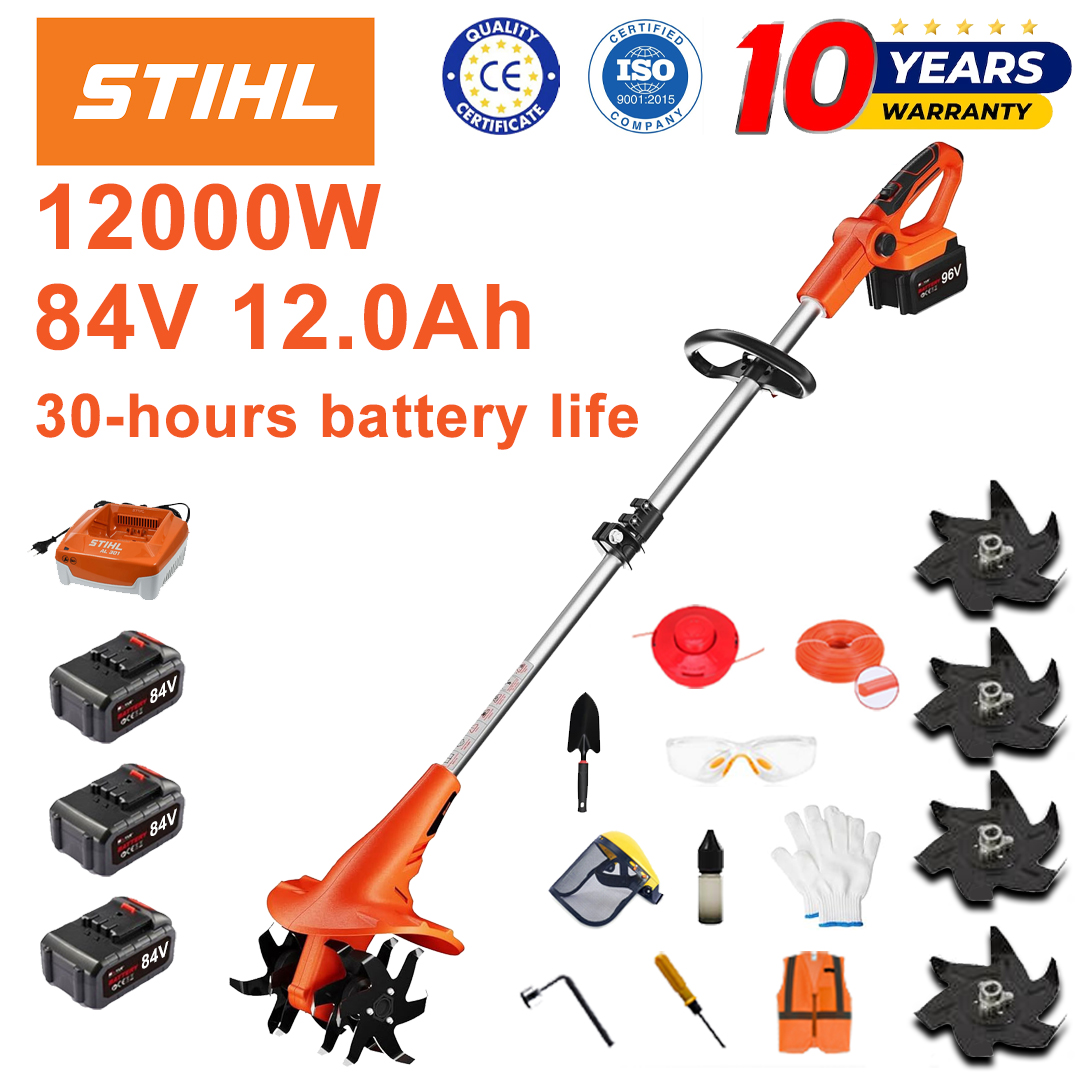 (Duración de la batería 30 horas) Arado de 12000W + batería de litio de 84V 12.0Ah * 3 + cargador rápido * 1 + pala * 1 + hoja de arado * 4 + disco de corte * 1 + cuerda de corte * 1 + varios accesorios