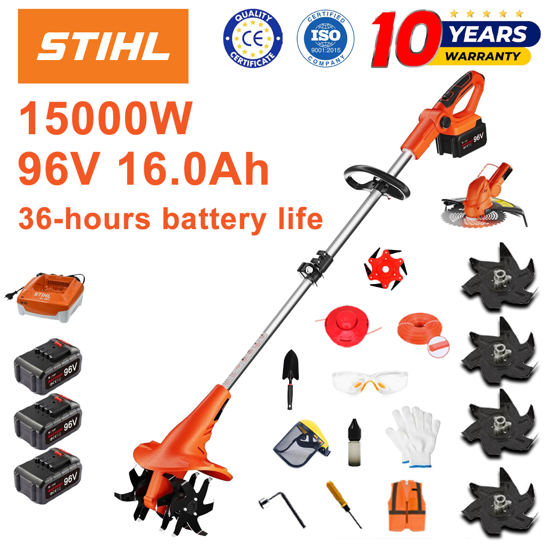 (Duración de la batería: 36 horas) Arado de 15000 W + batería de litio de 96 V 16,0 Ah * 3 + cabezal de corte * 1 + cargador rápido * 1 + pala * 1 + hoja recta * 2 + hoja de arado * 4 + hoja de sierra de aleación * 1 + hoja de corte * 1 + cuerda de corte * 1 + varios accesorios