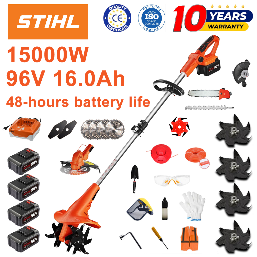 (Duración de la batería 48 horas) Arado de 15000 W + batería de litio de 96 V 16,0 Ah * 4 + cabezal de corte * 1 + sierra * 1 + cabezal cortasetos * 1 + cargador rápido * 1 + pala * 1 + hoja recta * 2 + hoja de arado * 4 + hoja de sierra de aleación * 1 + hoja de corte * 1 + cuerda de corte * 1 + varios accesorios