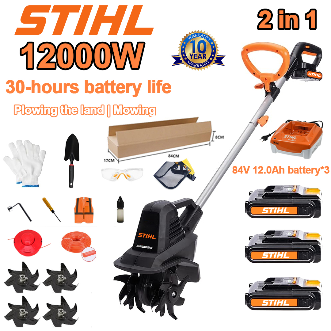 (Duración de la batería 30 horas) Arado de 12000W + batería de litio de 84V 12.0Ah * 3 + cargador rápido * 1 + pala * 1 + hoja de arado * 4 + disco de corte * 1 + cuerda de corte * 1 + varios accesorios