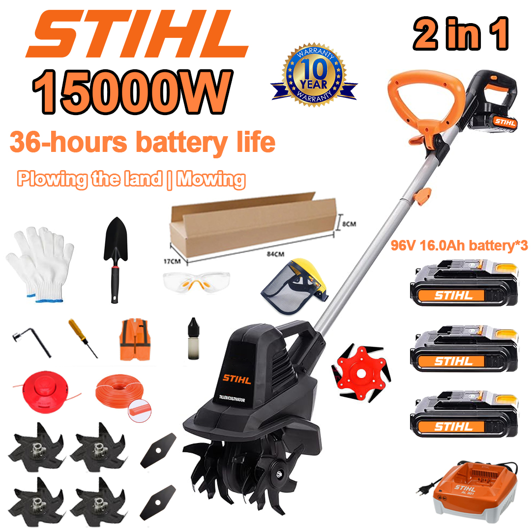 (Duración de la batería: 36 horas) Arado de 15000 W + batería de litio de 96 V 16,0 Ah * 3 + cabezal de corte * 1 + cargador rápido * 1 + pala * 1 + hoja recta * 2 + hoja de arado * 4 + hoja de sierra de aleación * 1 + hoja de corte * 1 + cuerda de corte * 1 + varios accesorios