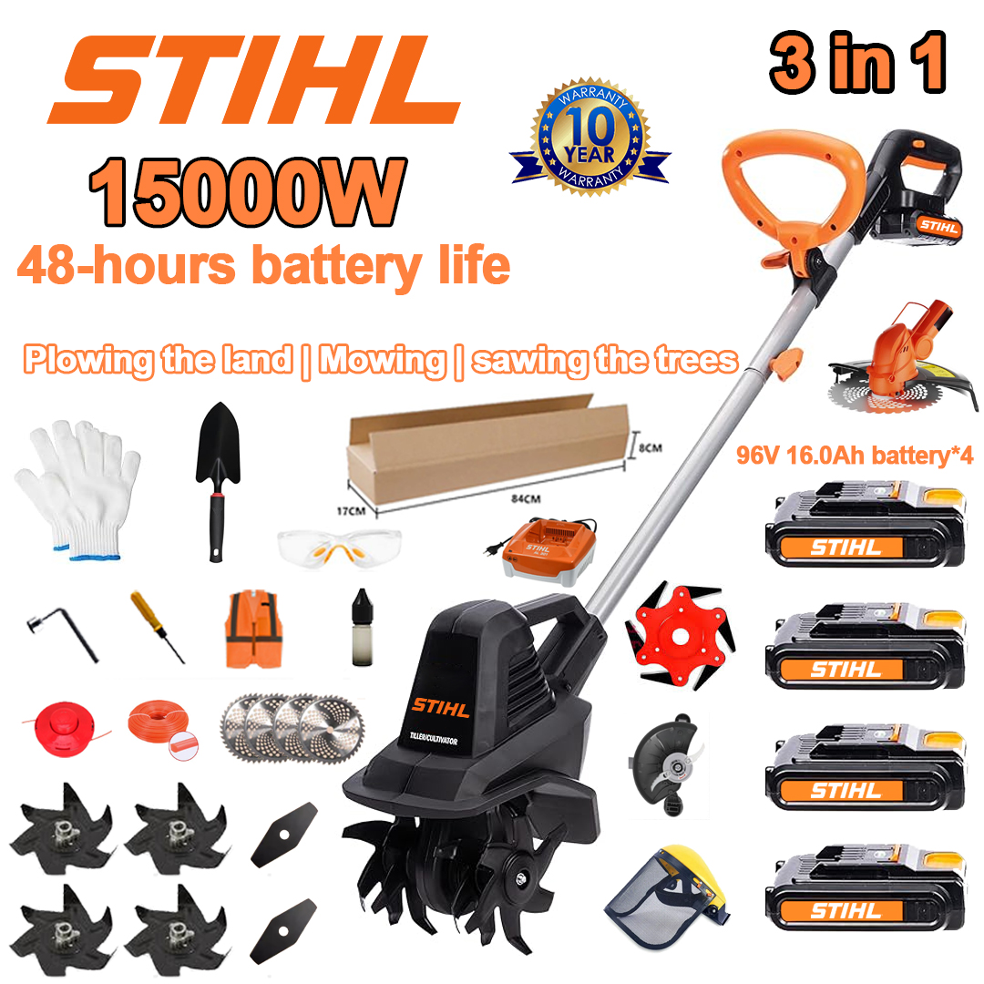 (Duración de la batería 48 horas) Arado de 15000 W + batería de litio de 96 V 16,0 Ah * 4 + cabezal de corte * 1 + sierra * 1 + cabezal cortasetos * 1 + cargador rápido * 1 + pala * 1 + hoja recta * 2 + hoja de arado * 4 + hoja de sierra de aleación * 1 + hoja de corte * 1 + cuerda de corte * 1 + varios accesorios