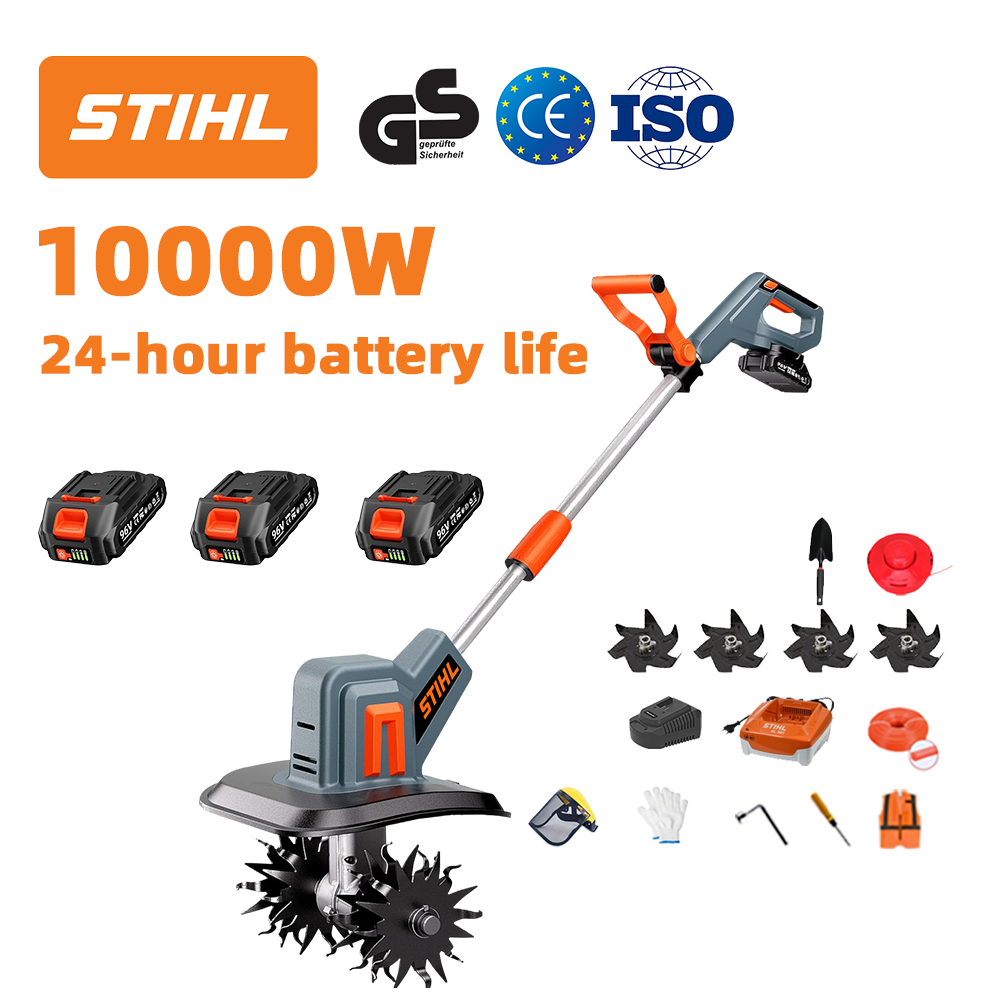 (Duración de la batería 24 horas) Arado de 10000W + batería de litio de 96V * 3 + cargador rápido * 1 + pala * 1 + cuchilla de labranza * 4 + disco de corte * 1 + cuerda de corte * 1 + varios accesorios