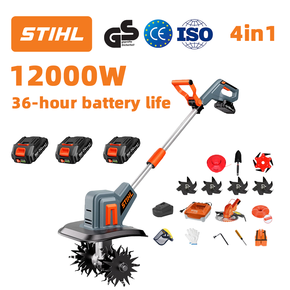 (Duración de la batería: 36 horas) Arado de 12000 W + batería de litio de 96 V * 3 + cabezal de corte * 1 + cargador rápido * 1 + pala * 1 + hoja recta * 2 + hoja de arado * 4 + hoja de sierra de aleación * 1 + hoja de corte * 1 + cuerda de corte * 1 + varios accesorios