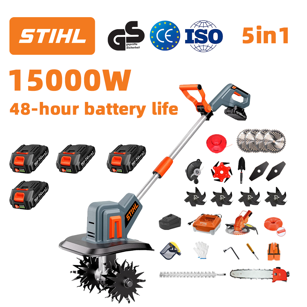 (Duración de la batería: 48 horas) Arado de 15000 W + batería de litio de 96 V * 4 + cabezal de corte * 1 + sierra * 1 + cabezal cortasetos * 1 + cargador rápido * 1 + pala * 1 + hoja recta * 2 + hoja de arado * 4 + hoja de sierra de aleación * 1 + hoja de corte * 1 + cuerda de corte * 1 + varios accesorios