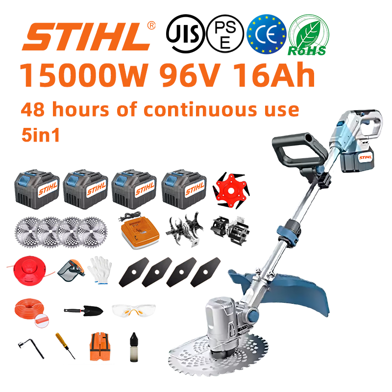 [48 horas de duración de la batería] Cortadora de césped sin escobillas de 15000 W * 1 + batería de 96 V 16,0 Ah * 4 + cargador * 1 + rueda lateral * 1 + rueda auxiliar * 1 + arado * 1 + hojas de sierra circular * 4 + hojas de sierra rectas * 4 + aleación de hoja de sierra * 1 disco + 1 disco de corte + 1 disco * 1 + guantes * 1 + gafas protectoras * 1 + casco * 1 + destornillador * 1 + tornillo de ángulo recto * 1 + ropa protectora * 1 + aceite lubricante * 1 + caja de herramientas * 1