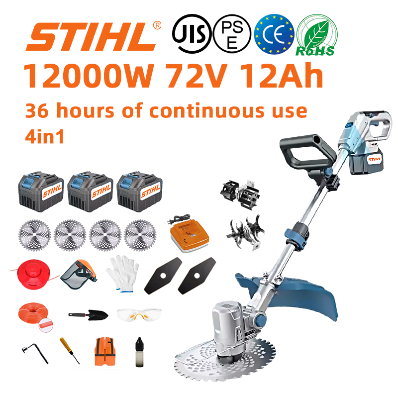 [36 horas de duración de la batería] Cortadora de césped sin escobillas de 12000 W * 1 + batería de 72 V 12,0 Ah * 3 + cargador * 1 + rueda lateral * 1 + rueda auxiliar * 1 + arado * 1 + hojas de sierra circular * 4 + hojas de sierra rectas * 2 + 1 disco de corte + 1 disco * 1 + guantes * 1 + gafas protectoras * 1 + casco * 1 + destornillador * 1 + tornillo de ángulo recto * 1 + ropa protectora * 1 + aceite lubricante * 1 + caja de herramientas * 1