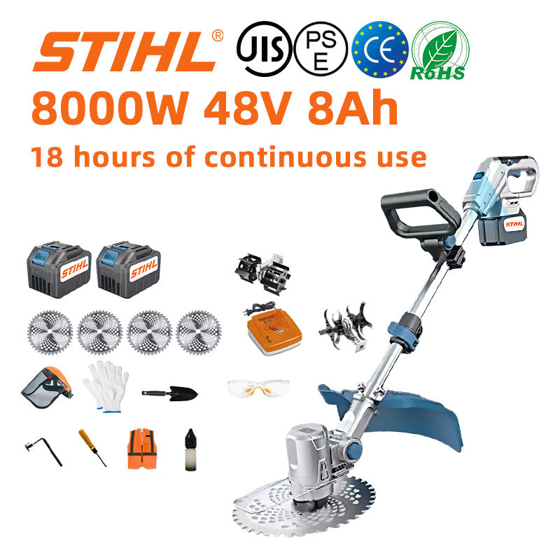 (Duración de la batería 18 horas) Cortadora de césped sin escobillas de 8000 W * 1 + batería de 48 V 8,0 Ah * 2 + cargador * 1 + hojas de sierra circular * 4 + arado * 1 + pala * 1 + guantes * 1 + gafas de seguridad * 1 + casco * 1 + destornillador protector * 1 + aceite protector * 1 + destornillador de ángulo recto * 1 + aceite lubricante * 1 + caja de herramientas * 1