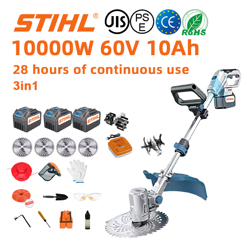 (28 horas de duración de la batería) Cortadora de césped sin escobillas de 10000 W * 1 + batería de 60 V 10,0 Ah * 3 + cargador * 1 + rueda lateral * 1 + rueda auxiliar * 1 + hojas de sierra circular * 4 + arado * 1 + cuerda de corte * 1 + disco de corte * 1 + pala * 1 + guantes de destornillador * 1 + destornillador * 1 + guantes * 1 + destornillador * 1 tornillo * 1 + ropa protectora * 1 + aceite lubricante * 1 + caja de herramientas * 1.