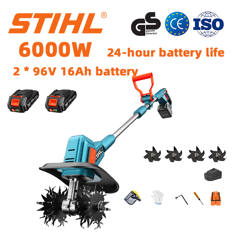 (Duración de la batería 24 horas) Arado de 6000W + batería de litio de 96V 16Ah * 2 + cargador rápido * 1 + cuchillas de arado * 4 + varios accesorios