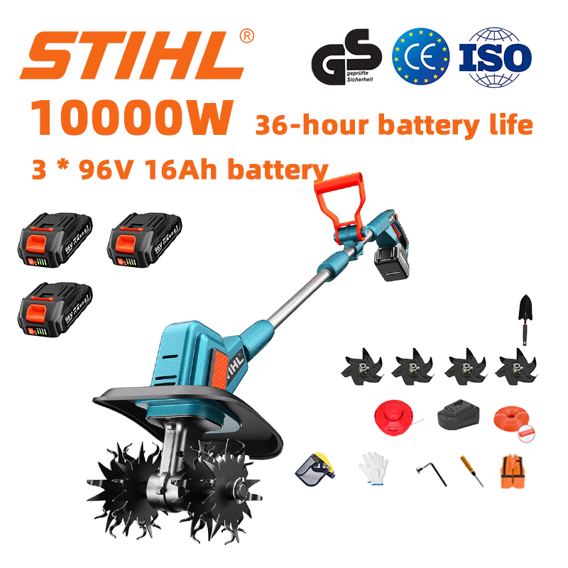 (Duración de la batería 36 horas) Arado de 10000W + batería de litio de 96V 16Ah * 3 + cargador rápido * 1 + pala * 1 + hoja de arado * 4 + cuerda de corte * 1 + varios accesorios