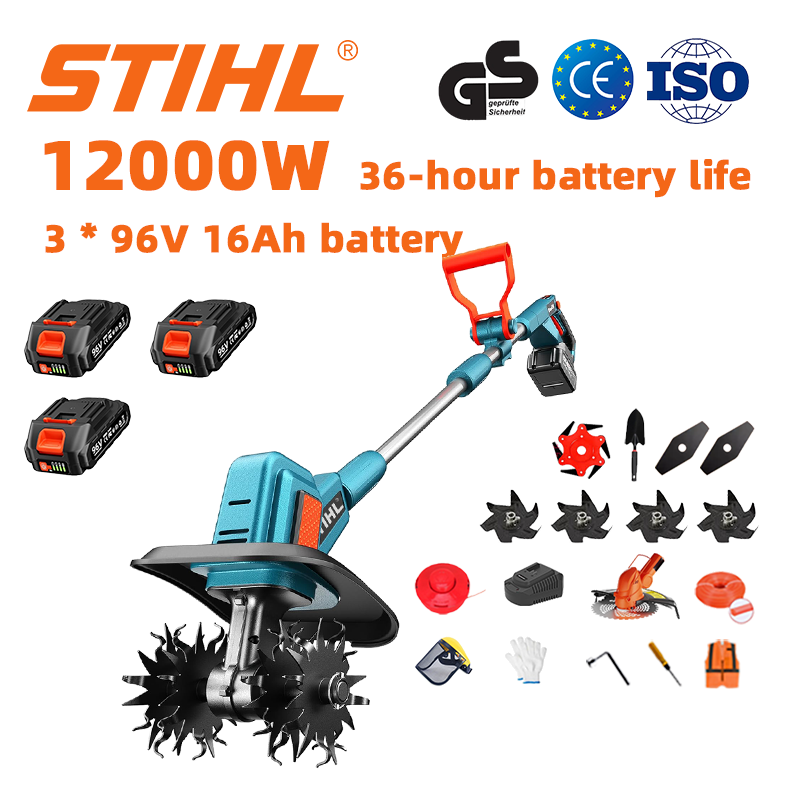 (Duración de la batería 36 horas) Arado de 12000 W + batería de litio de 96 V 16 Ah * 3 + cargador rápido * 1 + pala * 1 + hoja recta * 2 + hoja de arado * 4 + hoja de sierra de aleación * 1 + hoja de corte * 1 + cuerda de corte * 1 + varios accesorios
