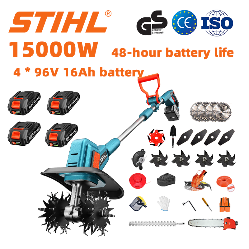 (Duración de la batería 48 horas) Arado de 15000 W + batería de litio de 96 V 16 Ah * 4 + cuchilla * 4 + sierra * 1 + cabezal cortasetos * 1 + cargador rápido * 1 + pala * 1 + cuchilla recta * 4 + cuchilla de arado * 4 + hoja de sierra de aleación * 1 + cuchilla de corte * 1 + cuerda de corte * 1 + varios accesorios