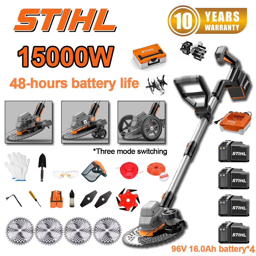 (48 horas de duración de la batería) Cortadora de césped sin escobillas de 15000 W*1 + Batería de 96 V 16,0 Ah*4 + Cargador*1 + Rueda lateral*1 + Rueda de entrenamiento*1 + Cabezal de labranza*1 + Hoja de sierra circular*4 + Hoja recta*2 + Hoja de sierra de aleación*1 + Cable de corte*1 + Disco de corte*1 + Pala*1 + Guantes*1 + Gafas protectoras*1 + Casco*1 + Destornillador*1 + Tornillo de ángulo recto*1 + Ropa protectora*1 + Aceite lubricante*1 + Caja de herramientas*1