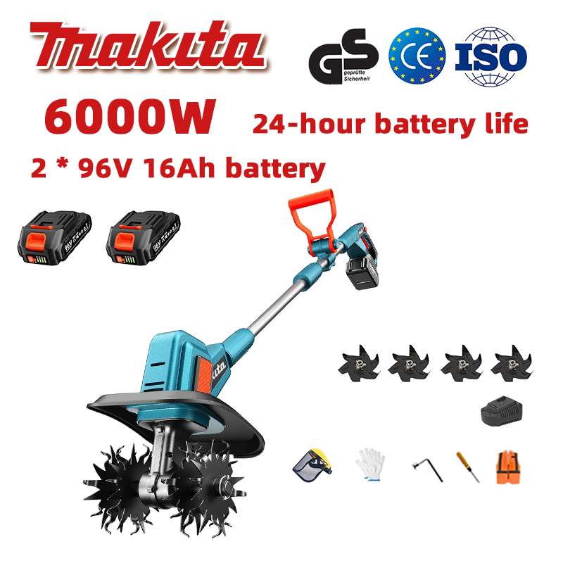 (Duración de la batería 24 horas) Arado de 6000W + batería de litio de 96V 16Ah * 2 + cargador rápido * 1 + cuchillas de arado * 4 + varios accesorios