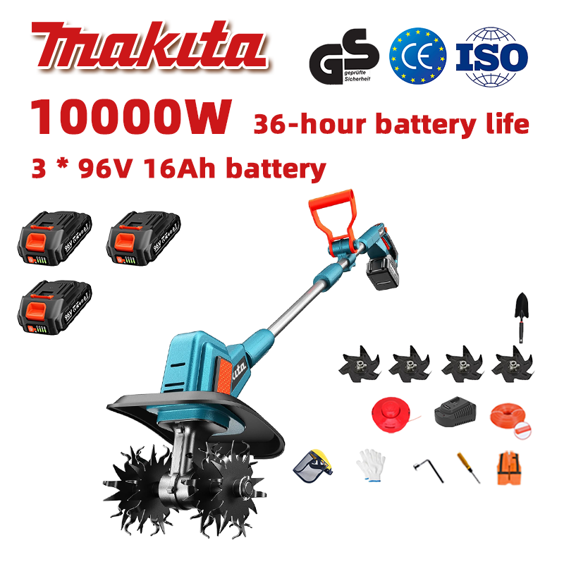 (Duración de la batería 36 horas) Arado de 10000W + batería de litio de 96V 16Ah * 3 + cargador rápido * 1 + pala * 1 + hoja de arado * 4 + cuerda de corte * 1 + varios accesorios