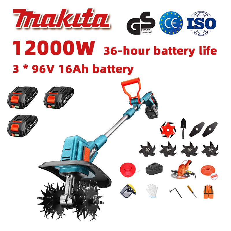 (Duración de la batería 36 horas) Arado de 12000 W + batería de litio de 96 V 16 Ah * 3 + cargador rápido * 1 + pala * 1 + hoja recta * 2 + hoja de arado * 4 + hoja de sierra de aleación * 1 + hoja de corte * 1 + cuerda de corte * 1 + varios accesorios