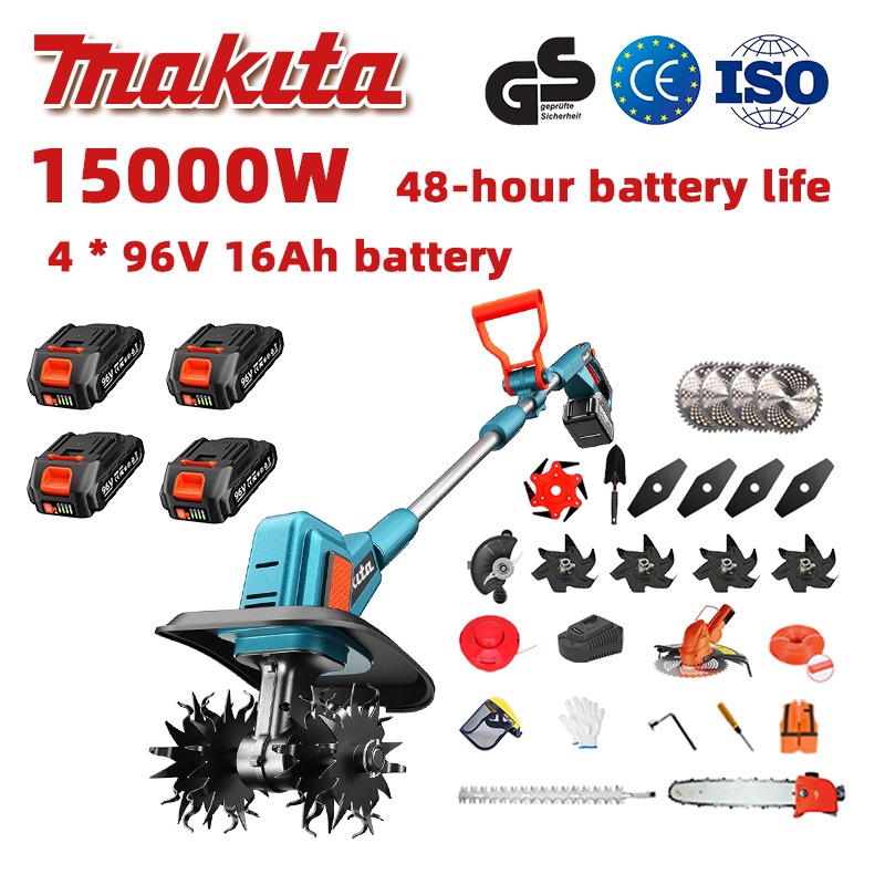 (Duración de la batería 48 horas) Arado de 15000 W + batería de litio de 96 V 16 Ah * 4 + cuchilla * 4 + sierra * 1 + cabezal cortasetos * 1 + cargador rápido * 1 + pala * 1 + cuchilla recta * 4 + cuchilla de arado * 4 + hoja de sierra de aleación * 1 + cuchilla de corte * 1 + cuerda de corte * 1 + varios accesorios